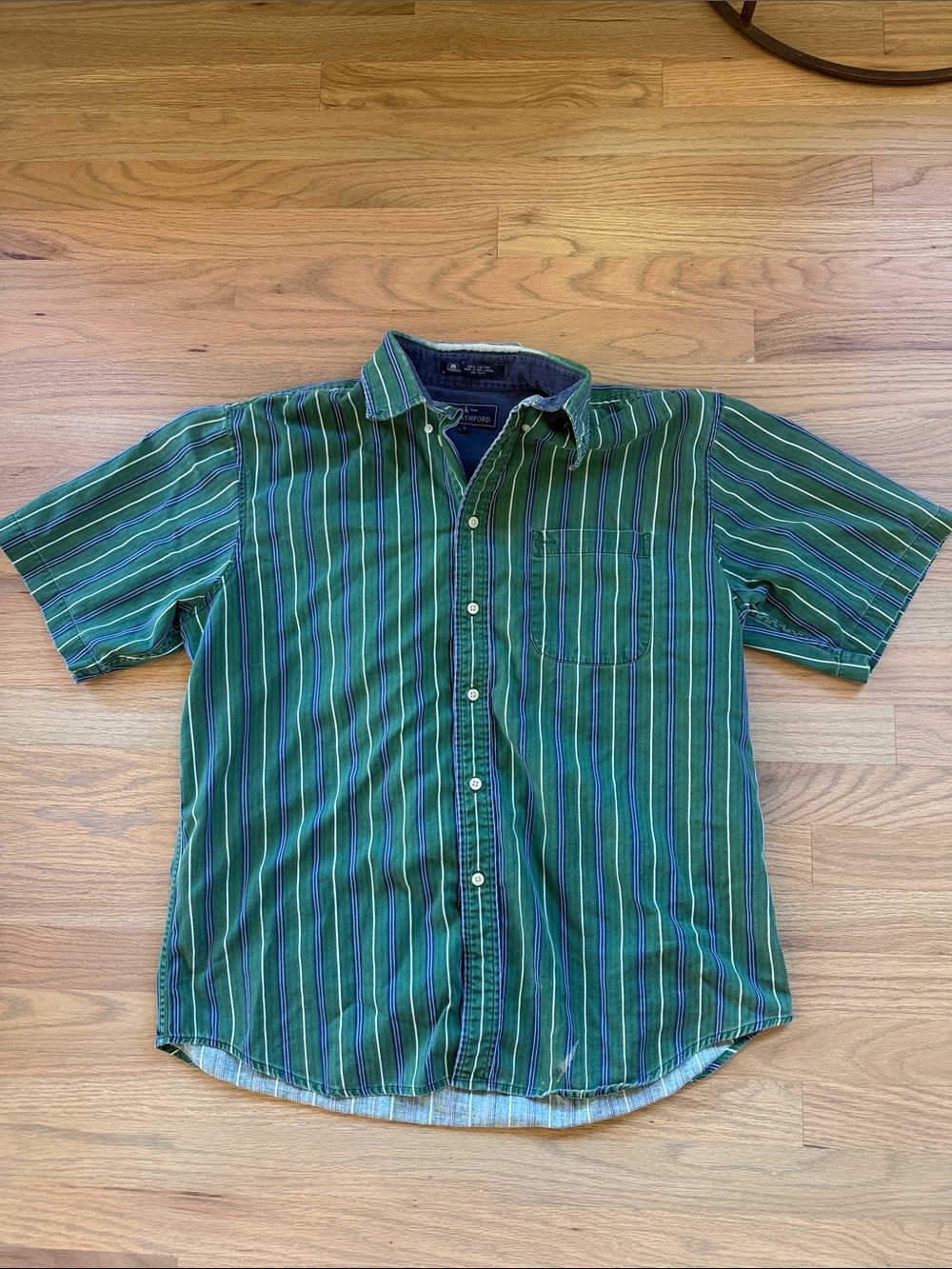 John Ashford vintage Men’s Large Green Striped 100% Cotton Button-Up Shirt
